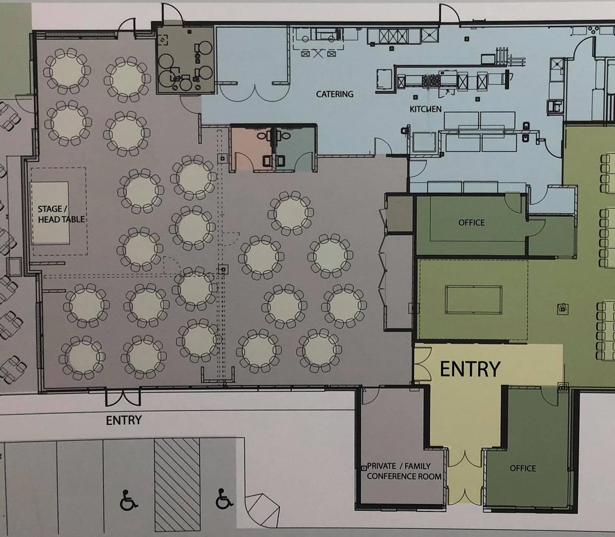 Map of the interior building at the Goldstar Venue at the VFW Post 1215 banquet hall, wedding venue and event center in Rochester, MN.